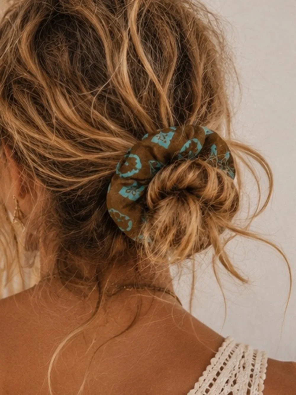 Designer Inspired Brown and Teal Floral Scrunchie Hair Tie
